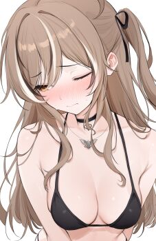 1girl absurdres ahoge averting_eyes bikini black_bikini black_choker black_hair blush breasts brown_eyes brown_hair choker cleavage embarrassed highres hololive hololive_english jewelry large_breasts long_hair multicolored_hair nanashi_mumei necklace official_alternate_hairstyle one_eye_closed one_side_up sidelocks simple_background solo streaked_hair swimsuit upper_body virtual_youtuber white_background white_hair yumiewuri