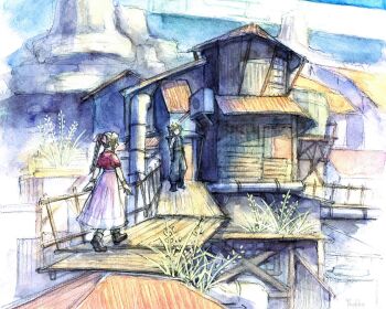 1boy 1girl aerith_gainsborough baggy_pants black_pants blonde_hair boots braid braided_ponytail brown_boots brown_hair buster_sword cloud_strife cropped_jacket dress final_fantasy final_fantasy_vii final_fantasy_vii_remake hair_ribbon highres jacket long_dress long_hair looking_at_another moke_mokke on_rooftop outdoors pants parted_bangs pink_dress pink_ribbon red_jacket ribbon sharp_teeth short_hair sidelocks single_braid sleeveless sleeveless_turtleneck sword sword_on_back teeth turtleneck walking weapon weapon_on_back