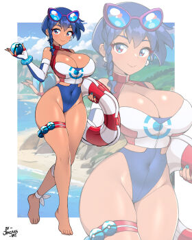 1girl absurdres blue_hair braid braided_sidelock breasts highleg highres jarckius large_breasts midriff nail_polish navel nintendo original poke_ball pokemon solo