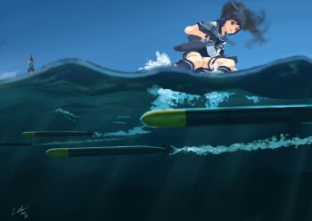 Rule 34 | 1girl, absurdres, black eyes, black hair, blue sailor collar, blue skirt, blue sky, buoy, commentary, dated, day, english commentary, female focus, fubuki (kancolle), highres, kantai collection, laminar flow, long hair, low ponytail, outdoors, pleated skirt, ponytail, rigging, sailor collar, school uniform, serafuku, short ponytail, sidelocks, signature, skirt, sky, solo, torpedo, water