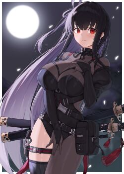 1girl absurdres asymmetrical_legwear belt belt_collar belt_pouch black_belt black_bodystocking black_bridal_gauntlets black_hair blush bodystocking border breasts bridal_gauntlets buckle chaos_zero_nightmare chest_harness cleavage collar colored_inner_hair commentary covered_collarbone detached_sleeves falling_petals floating_hair full_moon hand_on_own_chest hand_on_own_thigh hand_up harness highres katana large_breasts leotard long_hair looking_at_viewer mismatched_legwear moon moonlight multicolored_hair night parted_lips petals pouch red_eyes rice_ghost rin_(chaos_zero_nightmare) scabbard see-through_cleavage see-through_clothes sheath sidelocks single_hiphigh single_thighhigh sky slit_pupils snap-fit_buckle solo strap sword sword_on_back tassel thigh_pouch thigh_strap thighhighs very_long_hair weapon weapon_on_back white_border