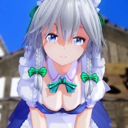 1girl 3d animated blue_eyes breasts cleavage closed_mouth downblouse grey_hair hanging_breasts izayoi_sakuya jiggle leaning_forward looking_at_viewer medium_breasts mofumoko5 no_bra smile solo touhou video