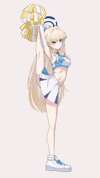 1girl arm_warmers armpits arms_up blonde_hair blue_archive blue_eyes blue_halo blush breasts cheerleader cleavage commentary_request grey_background hair_intakes halo hands_up highres kamiyamatokino long_hair midriff miniskirt navel shoes skirt small_breasts solo split standing standing_on_one_leg standing_split toki_(blue_archive) white_arm_warmers white_shoes white_skirt