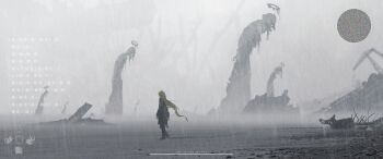 1girl 6+others absurdres arms_at_sides asteroid_ill black_coat black_pants blonde_hair cloud cloudy_sky coat cornea_(asteroid_ill) facing_ahead floating_hair fog from_side gameplay_mechanics halo heads-up_display health_bar highres landscape long_hair long_sleeves low-tied_long_hair melting_halo minimap multiple_others original overcast pants profile rain rock rubble ruins scenery silhouette sky translation_request user_interface very_long_hair walking