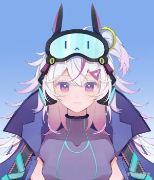 1girl absurdres benghuai_xueyuan blue_background blue_jacket chinese_commentary closed_mouth commentary_request du_shi goggles goggles_on_head highres honkai_(series) jacket leotard long_hair looking_at_viewer pink_eyes pink_hair purple_leotard smile solo spiked_hair tiara_starlumos