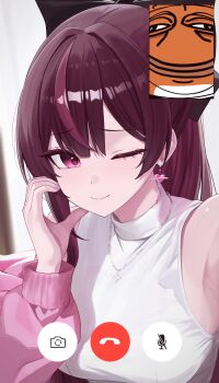 1girl absurdres armpits bare_shoulders bow breasts closed_mouth earrings fake_phone_screenshot fake_screenshot hair_bow hand_up highres jacket jewelry jururu long_hair looking_at_viewer medium_breasts multicolored_hair necklace off_shoulder one_eye_closed pink_jacket purple_eyes purple_hair sei_(0724sei6) selfie shirt sleeveless sleeveless_shirt smile solo streaked_hair upper_body virtual_youtuber waktaverse white_shirt