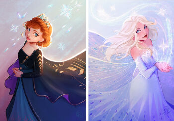 2girls anna_(frozen) blonde_hair blue_dress blue_eyes brown_hair coat commentary crown detached_sleeves dress elsa_(frozen) english_commentary frozen_(disney) hair_bun long_hair looking_at_viewer multiple_girls orange_hair pink_lips queen rachel12art red_lips siblings sisters snowflakes strapless strapless_dress