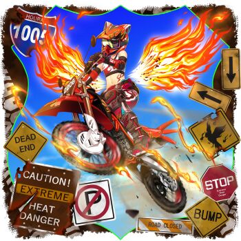 1girl alternate_costume black_boots black_gloves boots clothes_around_waist crop_top dirtbike elbow_gloves fiery_wings fire flame_print flame_tattoo fujiwara_no_mokou game_cg gloves helmet highres jacket jacket_around_waist knee_pads midriff midriff_tattoo motor_vehicle motorcycle motorcycle_helmet navel no_parking_sign official_art on_motorcycle pants print_shirt pyrokinesis red_gloves red_pants road_sign rotte_(1109) shirt sign sleeveless sleeveless_shirt solo stop_sign tattoo third-party_source touhou touhou_lostword transparent_background two-tone_gloves white_shirt wings