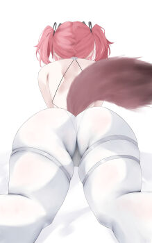 1girl absurdres armor ass ass_focus backless_bodysuit backless_outfit bare_shoulders black_bow bodysuit bow cameltoe from_behind hair_bow hair_intakes highres lupa_(wuthering_waves) meaowtakhe pink_hair solo tail thick_thighs thighs white_background white_bodysuit wolf_tail wuthering_waves