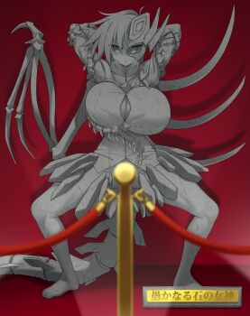 Rule 34 | 1girl, arms behind head, arms up, asymmetrical wings, barefoot, bottomless, bowlegged pose, breasts, button gap, cleavage, colored sclera, colored skin, commentary request, commission, convenient censoring, cracked skin, dinosaur skeleton, empty eyes, eye mask, fiery wings, full body, grey eyes, grey hair, grey sclera, grey skin, half eye mask, highres, huge breasts, iwanaga ariya, mask, mask over one eye, muchin jousha, petrification, shadow, short hair, skeb commission, skeletal clothes, skeletal tail, skeletal wings, solo, spread legs, stanchion, stone skin, tail, touhou, transformation, wings