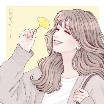 1girl absurdres artist_name brown_hair closed_eyes eyeshadow ginkgo_leaf hand_up happy highres holding holding_leaf leaf long_hair long_sleeves makeup naho_graphics original parted_lips pink_nails shirt smile upper_body watermark web_address white_shirt yellow_background