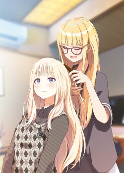 Rule 34 | 2girls, absurdres, black shirt, black sweater, blonde hair, blue eyes, blurry, blurry background, blush, brushing another's hair, brushing hair, closed eyes, comb, commentary, eternalgreen, fujita kotone, gakuen idolmaster, glasses, grey sweater vest, hair down, highres, idolmaster, indoors, juo sena, long hair, multicolored hair, multiple girls, open mouth, roots (hair), shirt, short sleeves, sweater, sweater vest, wavy mouth