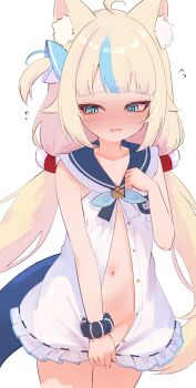 1girl @_@ ahoge animal_ear_fluff animal_ears bare_shoulders blonde_hair blue_eyes blue_hair blue_sailor_collar blush collarbone covering_crotch covering_privates cowboy_shot dress embarrassed fang flying_sweatdrops frilled_dress frills hair_ornament highres indie_virtual_youtuber loli long_hair low_twintails milk_tea_1993 multicolored_hair navel no_panties nose_blush open_clothes open_mouth parted_lips sailor_collar sailor_dress sameko_saba scrunchie simple_background sleeveless sleeveless_dress solo streaked_hair sweat tail twintails very_long_hair virtual_youtuber wavy_mouth white_background white_dress wrist_scrunchie