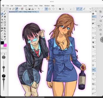 2girls :d arms_at_sides art_program_in_frame artist_name bad_anatomy bad_hands black_eyes black_hair black_jacket black_skirt blue_jacket blue_shirt blue_skirt blush bottle breasts brown_hair cigarette cleavage clip_studio_paint clip_studio_paint_(medium) collarbone collared_shirt commentary cowboy_shot english_commentary everyday_host expressionless formal_clothes full-face_blush genderswap genderswap_(mtf) glasses glowing hair_behind_ear hair_between_eyes hair_over_shoulder hajime_(everyday_host) head_tilt highres holding holding_bottle holding_tray jacket jewelry lapels large_breasts leaning_forward long_hair long_sleeves looking_at_another looking_at_viewer miniskirt mouth_hold multiple_girls necklace necktie open_mouth pale_skin partially_unbuttoned pencil_skirt raised_inner_eyebrows red_necktie round_eyewear ryouichi_(everyday_host) shiny_skin shirt side-by-side simple_background sketch skirt skirt_suit small_breasts small_sweatdrop smile smoking standing suit suit_jacket tan tight_clothes tray tucking_hair white_background white_shirt wispy_bangs yammichuu