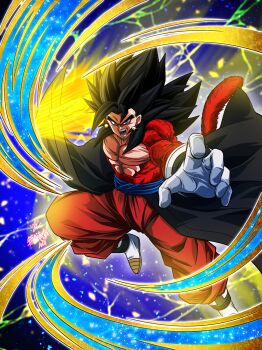 absurdres black_hair blue_eyes blue_sash body_fur dougi dragon_ball dragon_ball_heroes earrings gloves highres jewelry long_hair male_focus monkey_boy monkey_tail muscular muscular_male no_nipples pants potara_earrings red_fur saiyan sash spiked_hair super_saiyan super_saiyan_4 tail time_patrol_(dragon_ball) vegetto vegetto_(xeno) yuuri_(fukuroudou)