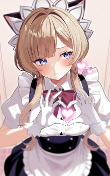 1girl absurdres apron blonde_hair blue_eyes blush breasts commentary_request frown genshin_impact gloves heart heart_hands highres maid maid_apron maid_headdress medium_breasts medium_hair motsunuki sandrone_(genshin_impact) solo white_gloves
