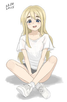 1girl absurdres alternate_costume andreypavlow ankle_socks black_shorts blonde_hair blue_eyes blush commentary dated double-parted_bangs full_body hair_between_eyes highres indian_style k-on! kotobuki_tsumugi long_hair looking_at_viewer open_mouth see-through_clothes see-through_shirt shadow shirt shoes short_shorts shorts sidelocks simple_background sitting socks solo t-shirt thick_eyebrows white_background white_shirt white_shoes white_socks