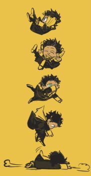 1boy ^_^ arms_up black_hair cape claude_von_riegan closed_eyes dark-skinned_male dark_skin falling fire_emblem fire_emblem:_three_houses garreg_mach_monastery_uniform green_eyes highres long_sleeves lying male_focus nintendo on_stomach open_mouth school_uniform sequential short_hair side_cape simple_background sleeve_cuffs smile yellow_background yellow_cape zattamaki