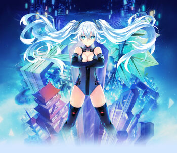 >:) 10s 1girl aqua_eyes bare_shoulders black_gloves black_heart_(neptunia) bodysuit breasts building chou_megami_shinkou_noire_gekishin_black_heart circle cityscape cleavage cleavage_cutout clothing_cutout crossed_arms elbow_gloves female_focus floating_hair gloves glowing grey_thighhighs gunbuster_pose hair_between_eyes halterneck highres kami_jigen_game_neptune_v leotard light_particles light_smile long_hair looking_at_viewer magical_girl neptune_(series) noire_(neptunia) official_art power_symbol power_symbol-shaped_pupils skyscraper smile solo square standing symbol-shaped_pupils thighhighs triangle tsunako turtleneck twintails v-shaped_eyebrows very_long_hair white_hair