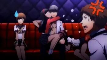 1boy 4girls angry anime_screenshot happy multiple_girls narukami_yu persona persona_5 sad school_uniform sitting sweatdrop