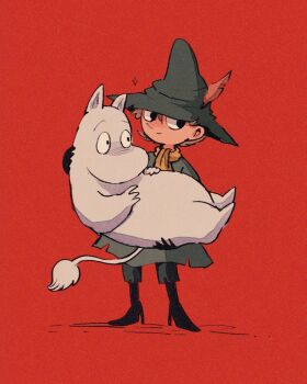 1boy 1other amazou carrying coat green_coat green_hat hat moomin moomintroll princess_carry red_background scarf simple_background snufkin wizard_hat yellow_scarf