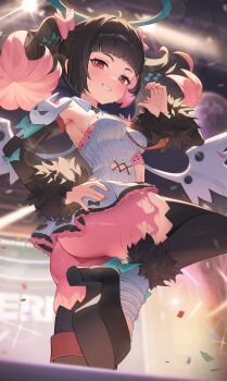 Rule 34 | 1girl, absurdres, arched bangs, armpits, ass, bandaid, bandaid on pussy, black hair, black shoes, black sleeves, black thighhighs, blue halo, blush, bodypaint, breasts, clothing cutout, detached sleeves, grin, halo, handjob gesture, highres, looking at viewer, multicolored hair, nail polish, nangong yu, navel, navel cutout, painted clothes, parted lips, pink hair, platform shoes, red eyes, red nails, shirt, shoes, small breasts, smile, solo, sweat, thighhighs, twintails, two-tone hair, unnunal (unneonal), variant set, white shirt, white wings, wings, zenless zone zero