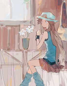 1girl absurdres bare_shoulders blue_eyes blue_leg_warmers blue_shirt brown_hair ciuchviicuq closed_mouth hat highres indoors leaf_(pokemon) leg_warmers long_hair nintendo plant pokemon potted_plant red_skirt shirt sitting skirt very_long_hair white_hat window