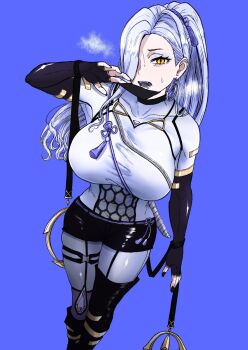 1girl black_gloves black_shorts black_thighhighs blue_lips breasts commentary_request earrings elbow_gloves eyeliner fate/grand_order fate_(series) fingerless_gloves gloves grey_pantyhose hair_over_one_eye highres hoop_earrings jewelry large_breasts long_hair looking_at_viewer makeup mask mouth_mask mrs._snake_(fate) open_mouth pantyhose ponytail satou_nui shirt shorts solo tassel thighhighs thighs white_hair white_shirt yellow_eyes zipper