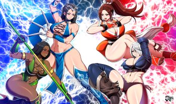4girls angel_(kof) artist_logo belt black_hair breasts brown_eyes brown_hair chaps cleavage crossover dark-skinned_female dark_skin fatal_fury female_focus green_eyes hair_over_one_eye highres holding holding_staff holding_weapon jade_(mortal_kombat) jadenkaiba kitana large_breasts logo long_hair matching_hair/eyes midriff mortal_kombat_(series) mortal_kombat_9 multiple_girls navel open_mouth ponytail shiranui_mai short_hair smile staff the_king_of_fighters weapon white_hair