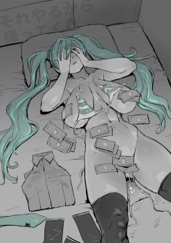 1girl absurdres alternate_breast_size_(larger) aqua_eyes aqua_hair banknote bare_shoulders bed bed_sheet bikini black_sleeves blue_eyes blue_hair blush breasts convenient_censoring covering_own_eyes grey_shirt hair_between_eyes hair_ornament hatsune_miku highres hotel_room huge_breasts implied_prostitution limited_palette long_hair lying money navel on_back on_bed open_mouth pillow prostitution sashizume_soutarou shirt solo spread_legs striped_bikini striped_clothes swimsuit twintails very_long_hair vocaloid