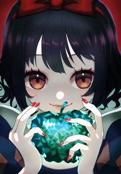 Rule 34 | 1girl, absurdres, amanegi toro, apple, black hair, bow, dress, food, fruit, hair bow, highres, holding, holding food, holding fruit, looking at viewer, puff and slash sleeves, puffy sleeves, short hair, short sleeves, smile, snow white (fairy tale), snow white (fairy tale character), solo