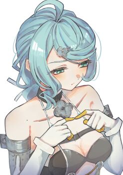 1girl bare_shoulders blue_eyes blue_hair braid braided_ponytail breasts closed_mouth collarbone commentary_request czc9q2 detached_sleeves flower_hairpin gloves hair_ornament hairpin half-closed_eyes highres index_fingers_together medium_breasts mole mole_on_shoulder see-through_dress_layer seed_(zenless_zone_zero) simple_background solo upper_body white_background white_gloves zenless_zone_zero