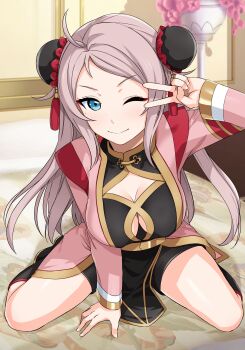 1girl ;) absurdres ahoge black_shorts blue_eyes breasts bun_cover cleavage cleavage_cutout closed_mouth clothing_cutout commentary_request double_bun hair_bun haruhisky highres indoors jacket large_breasts long_hair long_sleeves looking_at_viewer love_live! love_live!_nijigasaki_high_school_idol_club on_bed one_eye_closed open_clothes open_jacket pink_hair pink_jacket shorts sitting smile solo thighs v v_over_eye zhong_lanzhu