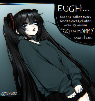 1girl alternate_hair_color black_choker black_lips black_skirt blue_background blue_eyes blue_sweater breasts choker commentary cowboy_shot disgust double-parted_bangs dutch_angle english_commentary english_text goth_fashion hair_between_eyes hatsune_miku highres lips lipstick long_hair long_sleeves looking_at_viewer makeup miniskirt parted_lips skirt small_breasts solo speech_bubble sweater talking teyoid twintails very_long_hair vocaloid