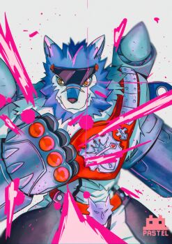 1boy absurdres blue_fur body_fur clenched_hand cowboy_shot cyborg digimon digimon_(creature) eyewear_on_head fangs glint grey_background highres machgaogamon mechanical_arms pastelmon_art simple_background solo sunglasses white_background wolf