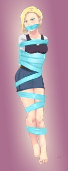 1girl absurdres android_18 arms_behind_back bdsm bondage bound bound_arms bound_legs collarbone dragon_ball dragon_ball_(classic) female_focus full_body gag gagged highres improvised_gag lost_one_zero peril restrained solo tape tape_bondage tape_gag taped_arms taped_legs tied_up_(nonsexual) toes