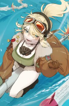 1girl :d blonde_hair blue_background blue_eyes breasts broom broom_riding brown_gloves brown_jacket brown_shorts cleavage from_above gloves goggles goggles_on_head green_shirt hand_up headset highres jacket lilya_(reverse:1999) long_hair looking_at_viewer mask mask_around_neck mechanical_broom melong6cha missile open_mouth oxygen_mask ponytail reverse:1999 shirt shorts sketch smile snapping_fingers solo