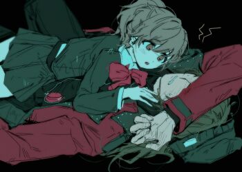 Rule 34 | 1boy, 1girl, aragaki shinjirou, black background, black hat, black jacket, black skirt, blush, bow, bowtie, brown eyes, brown hair, coat, covering own eyes, earphones, gekkoukan high school uniform, hat, hetero, jacket, jottbeng, long sleeves, lying, lying on person, on back, on stomach, persona, persona 3, persona 3 portable, red bow, red bowtie, school uniform, shiomi kotone, simple background, skirt, sweat