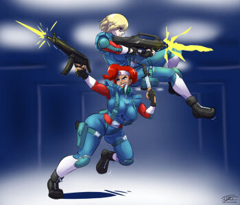 2girls adventures_of_sonic_the_hedgehog battle blonde_hair blue_eyes body_armor bodysuit boots breasts bullpup combat_knife dark-skinned_female dark_skin eric_toner explosive eyeshadow firing grenade grenade_pin gun h&amp;k_mp5 headband heckler_&amp;_koch holster jumping katella_the_huntress knee_pads knife large_breasts lipstick madonna_garnet makeup multiple_girls muzzle_flash red_hair short_hair shoulder_pads sonic_(series) sonic_the_hedgehog_(archie_comics) submachine_gun suspenders thigh_holster triple_wielding weapon