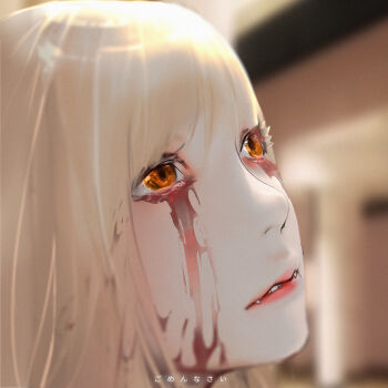 1girl absurdres blonde_hair blood bloody_tears blurry blurry_background close-up commentary_request fangs from_side highres indoors kiss-shot_acerola-orion_heart-under-blade kizumonogatari long_hair looking_to_the_side monogatari_(series) nose orange_eyes oshino_shinobu red_lips sad shishirui_san solo straight_hair