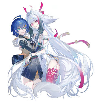 2girls aqua_eyes bare_shoulders belle_(zenless_zone_zero) black_shirt blue_hair body_markings breasts chinese_clothes commentary echj fox_tail gradient_hair grey_skirt hair_between_eyes hair_flaps hair_intakes hair_ornament hairband highres hood hood_down hooded_jacket hug jacket leotard letter_hair_ornament long_hair looking_at_viewer medium_breasts multicolored_hair multiple_girls nail_polish open_mouth parted_lips red_eyes red_nails shirt short_hair simple_background skirt smile symbol-only_commentary tail very_long_hair white_background white_hair white_hairband white_leotard ye_shunguang zenless_zone_zero