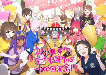 6+girls ahoge animal_ears anniversary astolfo_(fate) bottle bow bracelet braid captain_nemo_(fate) captain_nemo_(first_ascension)_(fate) chaldea_logo character_doll dark-skinned_female dark_skin doll double_v elizabeth_bathory_(fate) elizabeth_bathory_(fate/extra) fangs fate/grand_order fate_(series) gilgamesh_(fate) glasses hair_bow highres hood hoodie horn_(instrument) horns ibuki_douji_(fate) jewelry jinako_carigiri karna_(fate) larva_tiamat_(fate) long_hair mash_kyrielight microphone multiple_girls music nemo_(fate) nitocris_(fate) okada_izou_(fate) okita_souji_(fate) okita_souji_(koha-ace) ookubo_rumi ortlinde_(fate) rabbit_ears real_life redrop riyo_servant_(bunnygirl)_(fate) shuten_douji_(fate) singing takahashi_rie tanaka_minami_(voice_actor) tiamat_(fate) v valkyrie_(fate) voice_actor_connection water_bottle yamanami_keisuke_(fate) yuuki_aoi