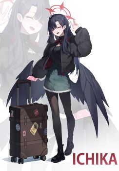 1girl ^_^ absurdres alternate_costume ankle_boots black_boots black_hair black_jacket black_pantyhose black_shirt black_wings blue_archive blush boots casual closed_eyes commentary denim denim_skirt down_jacket feathered_wings full_body fur-trimmed_skirt fur_trim green_skirt hair_ornament hairclip halo hand_up highres holding holding_phone ichika_(blue_archive) jacket jewelry jw_(wrdawrda) long_hair long_sleeves low_wings necklace open_clothes open_jacket open_mouth pantyhose phone red_halo rolling_suitcase shirt skirt smile solo standing sticker suitcase symbol-only_commentary waving wings