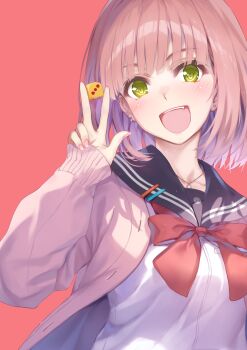 :d absurdres asobi_no_kankei black_sailor_collar blush bow cardigan dice earrings green_eyes highres holding holding_dice jewelry long_sleeves looking_at_viewer medium_hair misaki_kurehito nail_polish official_art open_cardigan open_clothes open_mouth pendant pink_cardigan pink_hair pink_nails red_background red_bow sailor_collar school_uniform shirt simple_background smile stud_earrings takanashi_mifuru upper_body w white_shirt