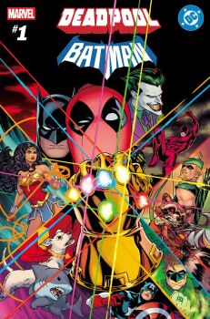 1girl 6+boys artist_collaboration batman batman_(series) black_hair blonde_facial_hair blonde_hair blue_eyes blue_gem bodysuit captain_america captain_america_(series) character_name colored_sclera colored_skin comic_cover comic_cover_redraw commentary copyright_logo copyright_name cowl crossover curly_hair daredevil dc_comics deadpool deadpool_(series) derivative_work dog domino_mask english_commentary eye_mask facial_hair gauntlets gem gills gloves glowing green_arrow green_gem green_hair green_hat green_lantern green_lantern_(series) grin guardians_of_the_galaxy hat highres holding holding_baton_(weapon) holding_lasso holding_shield infinity_gauntlet infinity_gems jeff_(marvel) krypto_the_superdog lasso lasso_of_truth logo long_hair looking_at_viewer marvel mask matt_wilson multiple_boys muscular muscular_male no_pupils official_art orange_gem pink_gem power_ring_(green_lantern) quiver red_bodysuit red_gemstone red_gloves red_sclera rocket_raccoon russell_dauterman shark shield short_hair single_gauntlet smile superhero_costume superman_(series) the_joker white_gloves white_skin wonder_woman wonder_woman_(series) yellow_gem