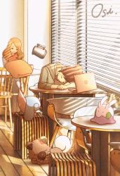 2girls animated brown_hair chair coffee_pot computer cup gen_6_pokemon gen_7_pokemon gen_8_pokemon goomy hatenna hatterene indoors laptop long_hair long_sleeves mug multiple_girls nintendo oshiruko_(oshiruko_s2) pokemon rockruff short_hair signature sitting sleeping slice_of_life telekinesis video window window_blinds wooden_chair wooden_floor