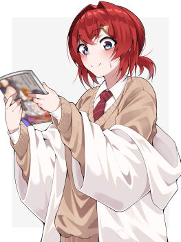 Rule 34 | 1girl, alternate costume, ange katrina, blue eyes, blur censor, blush, book, border, brown sweater, censored, closed mouth, coat, collared shirt, commentary request, crossed bangs, grey background, hair intakes, hair ornament, hands up, highres, holding, holding book, long sleeves, looking at object, manga (object), multi-source commentary, multicolored eyes, necktie, nijisanji, off shoulder, outside border, ponytail, purple eyes, red hair, red necktie, shirt, short ponytail, shunga (shun608), simple background, smile, solo, split mouth, story in commentary, sweatdrop, sweater, triangle hair ornament, two-tone eyes, upper body, v-neck, virtual youtuber, white border, white coat, white shirt