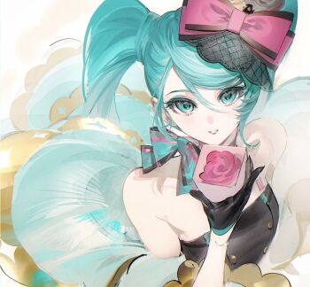 Rule 34 | 1girl, aqua bow, aqua eyes, aqua hair, bare shoulders, black gloves, bow, bowtie, flower, gloves, hair between eyes, hair bow, hatsune miku, holding, holding flower, long hair, looking at viewer, open mouth, pink bow, pink bowtie, rumoon, sidelocks, solo, tattoo, twintails, vocaloid