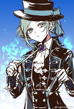 1girl ascot black_coat black_hat black_vest blue_background blue_bow boater_hat bow coat collared_shirt conductor_baton gradient_background grey_eyes grey_hair haibao_tangyuan hair_bun hands_up hat hat_bow highres holding_baton looking_at_viewer parted_lips reverse:1999 shirt short_hair single_side_bun solo upper_body vertin_(reverse:1999) vest waistcoat watermark weibo_watermark white_ascot white_shirt