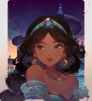 1girl aladdin_(movie) animal artist_name bare_shoulders bird blue_dress blue_shirt breasts brown_eyes brown_hair building collarbone commentary_request dark-skinned_female dark_skin dress earrings jasmine_(disney) jewelry kawacy long_hair looking_to_the_side multi-tied_hair night off-shoulder_shirt off_shoulder outdoors parted_lips shirt sky small_breasts solo star_(sky) starry_sky strapless strapless_dress teeth tiara upper_body upper_teeth_only